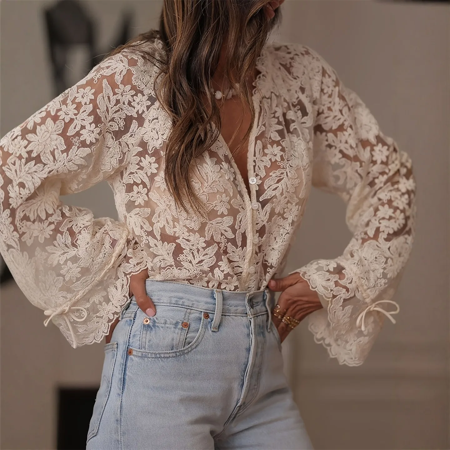 

Fashionable Sexy See-through Embroidered Lace Shirt Blouse Women's Long Sleeve V-neck Plant Floral Patterned Slim Fit Top
