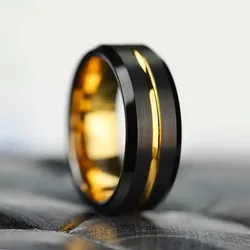Fashion 8MM Men Gold Color Groove Stainless Steel Rings Black Brushed Engagement Rings for Men Women Wedding Anniversary Jewelry