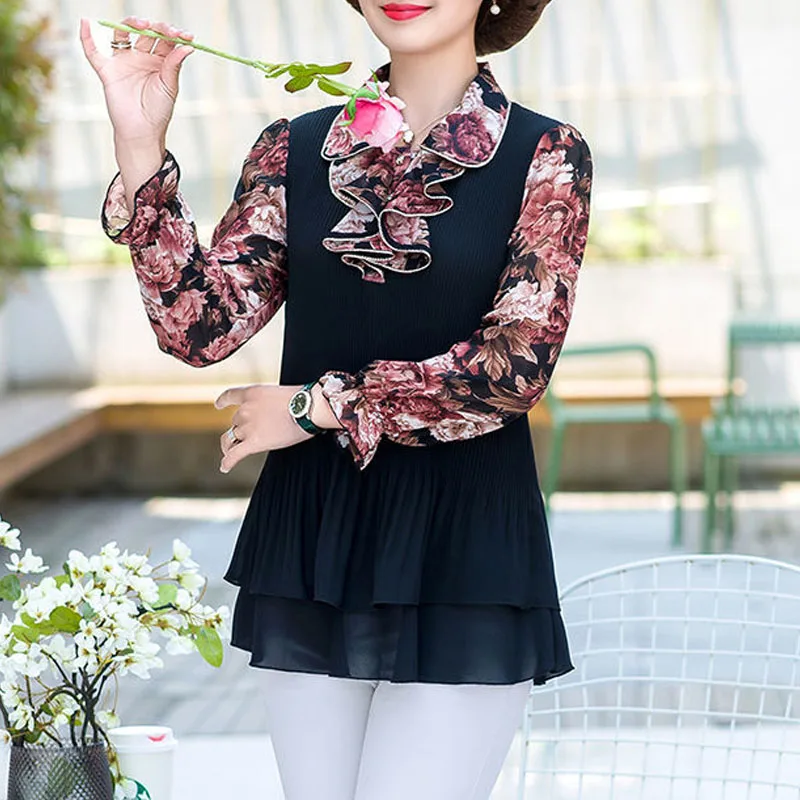 Elegant Long Sleeve Chiffon Printed Shirt for Women Korean Vintage All-match Ruffles Spliced Slim Blouse Spring Female Clothing