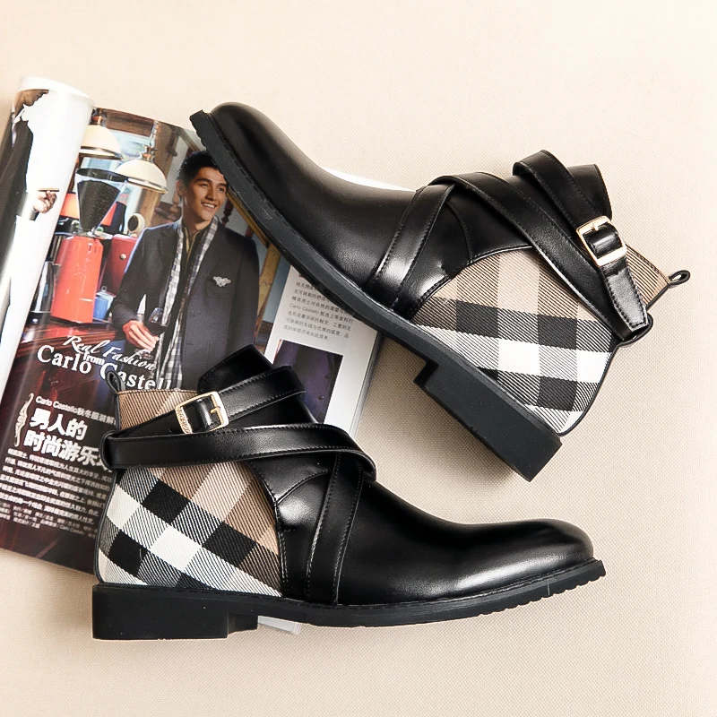 Men Chelsea Boots High Quality Plaid Korean Style One Step Round Head Business Men Boots Black Brown Size 38-48 Men boots