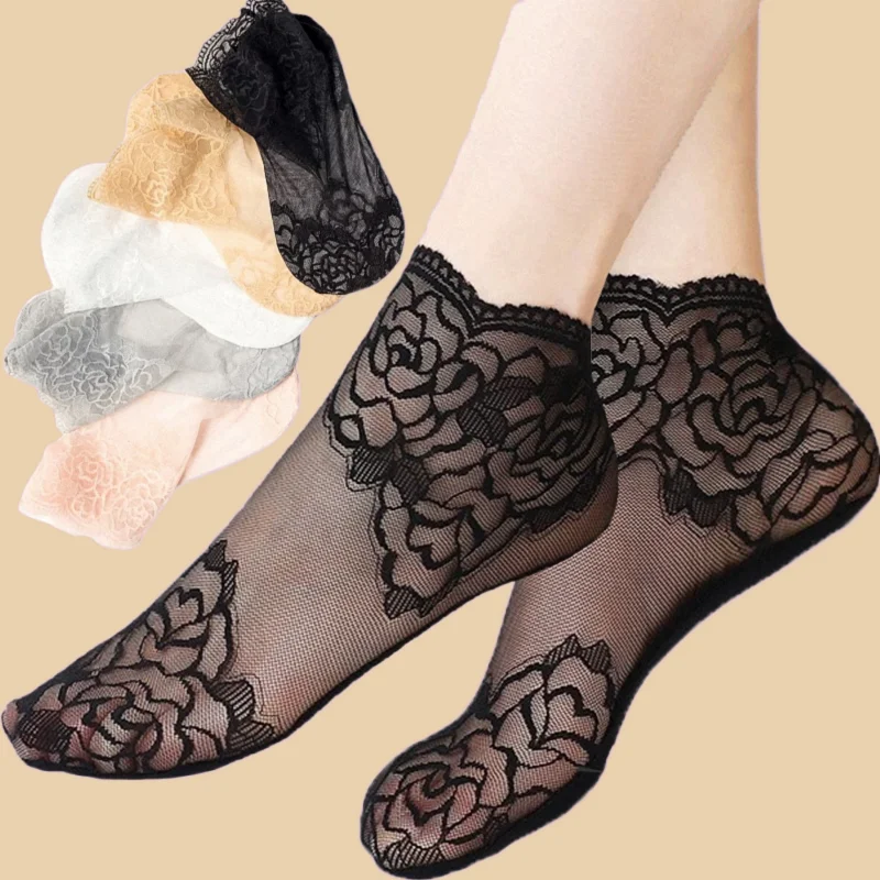 Calcetines tobilleros de malla de corte bajo para mujer, medias cortas sexys antideslizantes con encaje hueco y flores, novedad de 5/10 pares