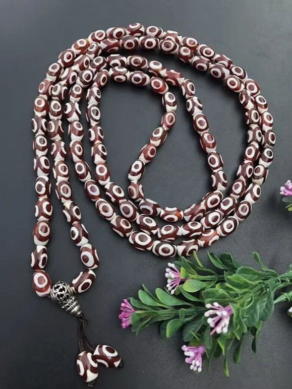 Tibetan Natural Old Patina Red Agate Dzi *3 Eyes* Buddha Beads Necklace M3048