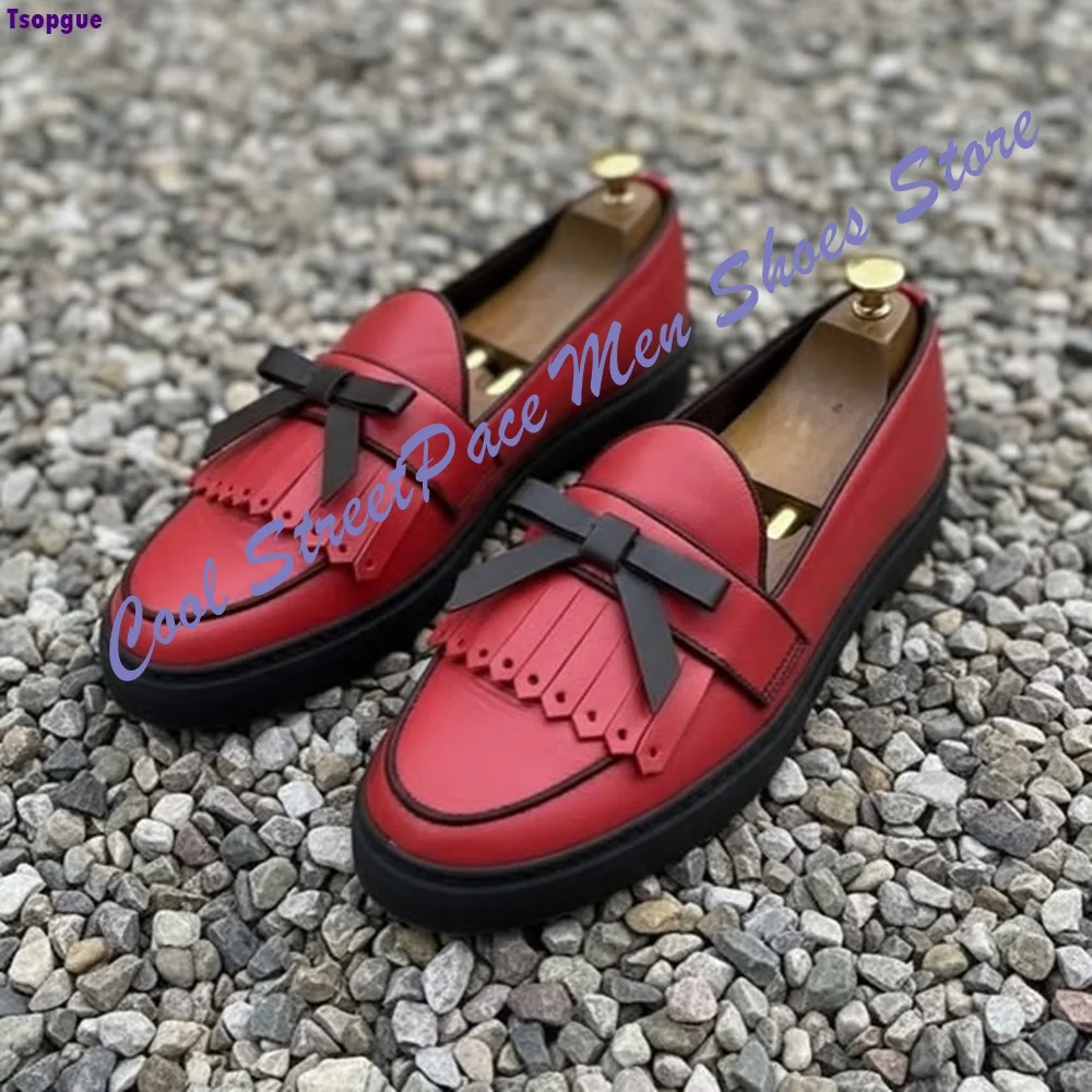 Men Light Blue Suede Tassel Loafers Slip On Bow Decor Platform Leather Shoes Vintage British Street Casual Gentleman Footwear