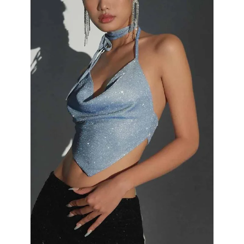 Halter Top Glitter Tanks 2023 Summer Outfits Blue Bright Silk Camis Ruched Top Crop Backless Vests Sexy Tops Cropped Clothes