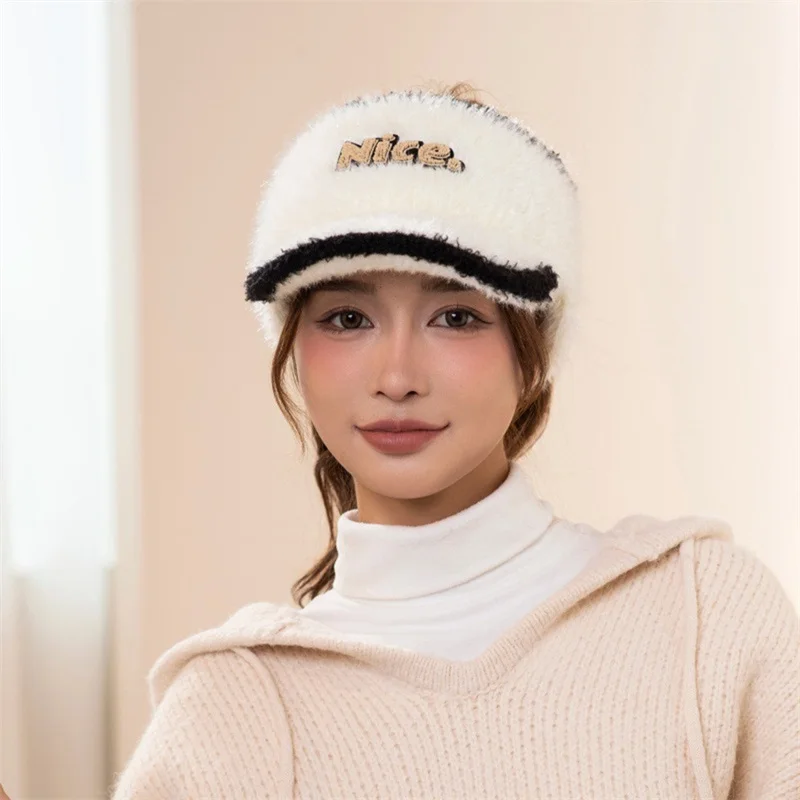 HEZIOWYUN Women's Ponytail Hat with Ear Flaps Fuzzy Letter Embroidery Fleece Visor Brim Beanie Caps Warm Hat for Winter Fall