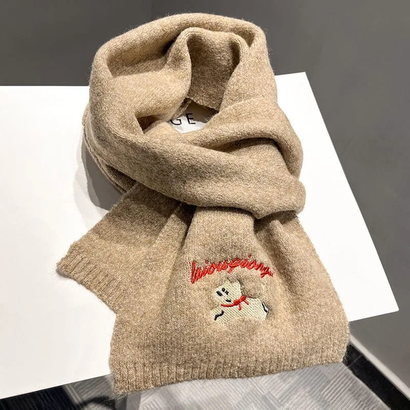 Korean version cute embroidered puppy scarf women's winter fashion versatile atmosphere cashmere shawl warm knitted bib