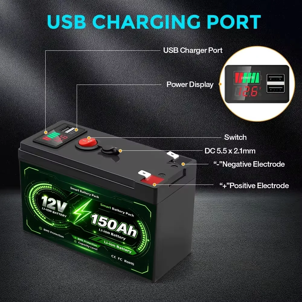 12V 150Ah LiFePO4 1920Wh 100A BMS Deep Cycle Battery + Charger for Sprayer Kids Car