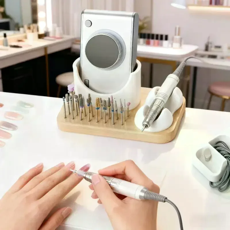 2 In 1 Nail Drill Holder Stand With 6 Holes Nail Drill Bits Wooden Storage Nail Polisher Pen Bracket For Salon And Home Use