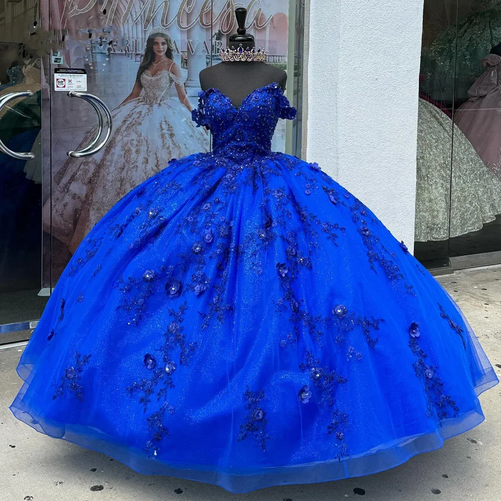 

ANGELSBRIDEP Royal Bule Ball Gowns Quinceanera Dresses With Luxury 3D Appliques Corset Sweet 16 Dress Vestidos De Xv Años