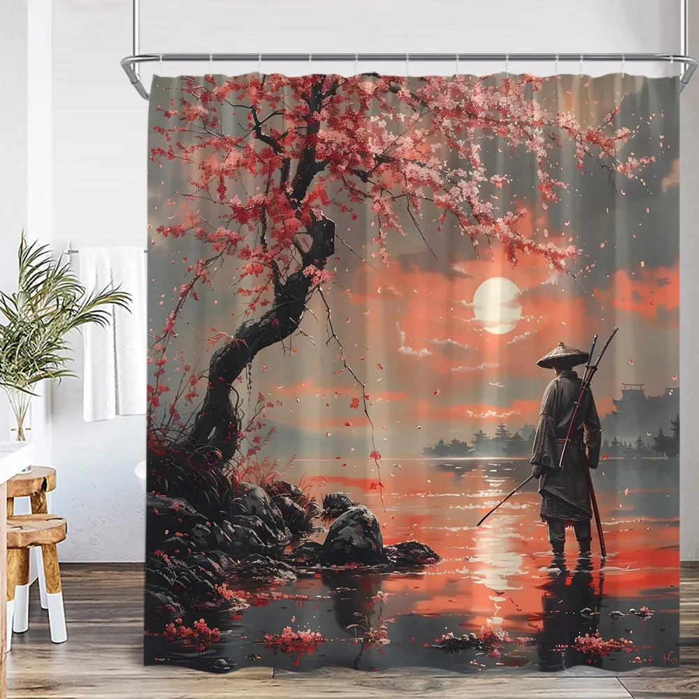 Japanese Warrior Samurai Shower Curtain Japan Shrine Red Full Moon Cherry Blossom Bathtub Decor Polyester Bath Curtain with Hook