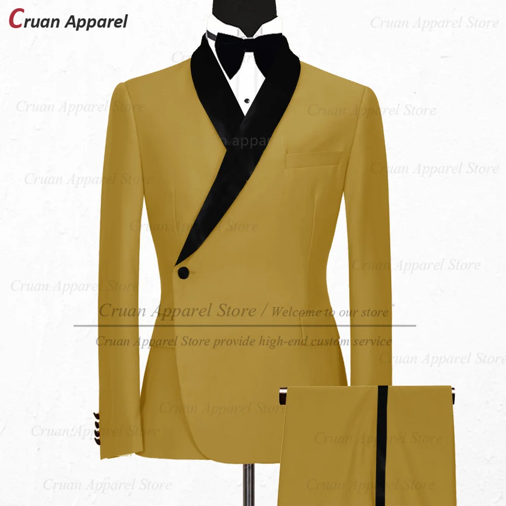 Fashion White Suits for Men Elegant Black Velvet Shawl Lapel Jacket with Pants 2 Pieces Prom Dinner Wedding White Tuxedo for Men