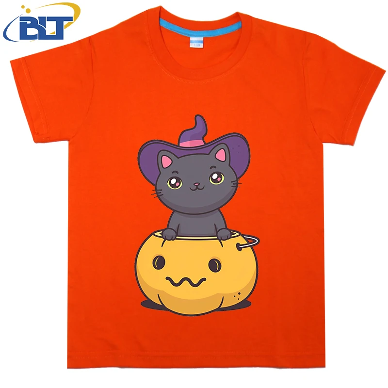 Manga curta t-shirt para meninos e meninas, top de algodão casual, bonito impresso, haloween, verão