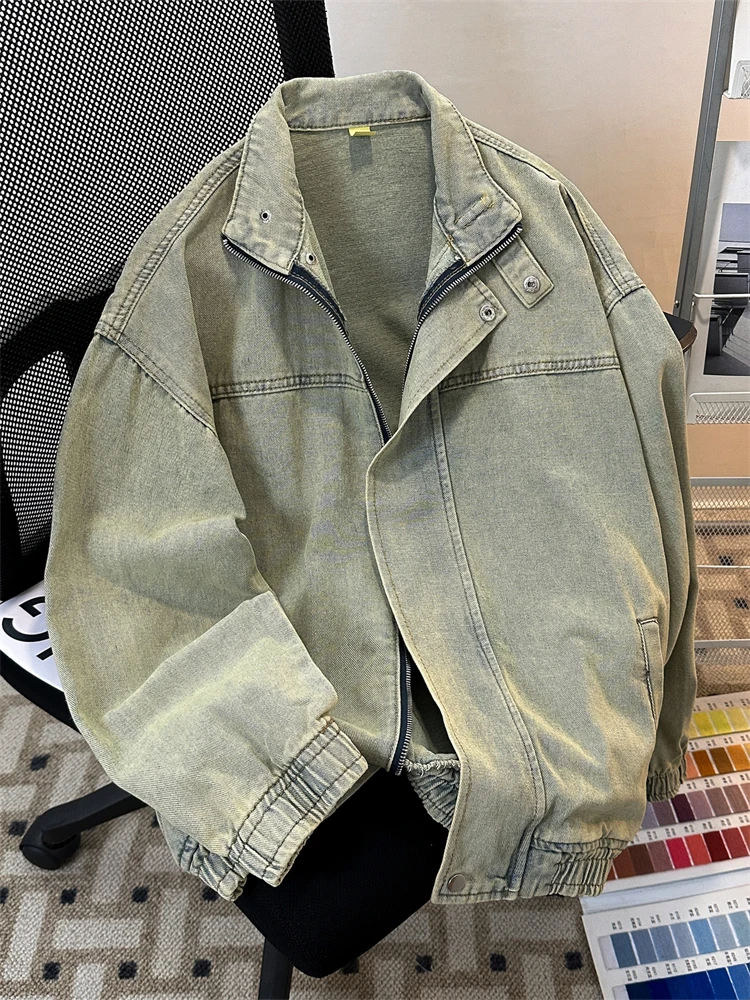 Retro Washed Denim Jacket Men's Zipper Loose Versatile Jacket Youth Trend Autumn Winter Long Sleeve Stand Collar Casual Outer...