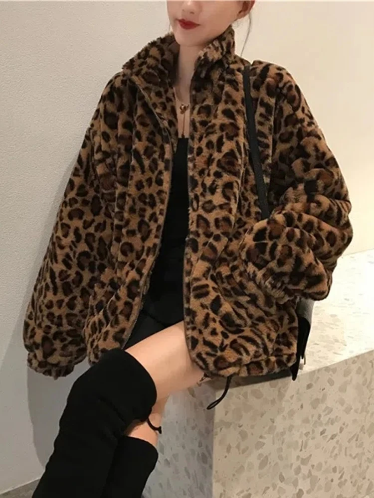 Chaquetas de leopardo de gran tamaño para mujer, abrigos informales sueltos y esponjosos, chaqueta cálida con estilo, prendas de vestir exteriores