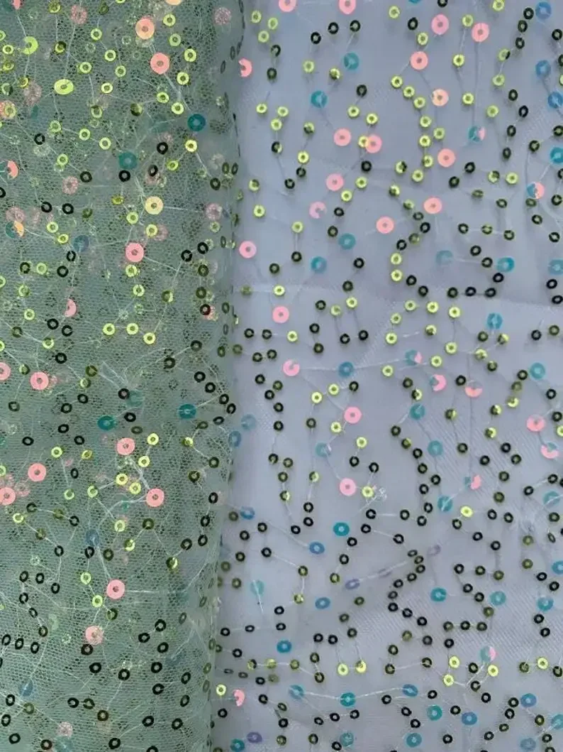 3 Colors colorful sequin Embroidery Lace Fabric sequin Pink green beige tulle fabric For Bridal Wedding   Fabric 51