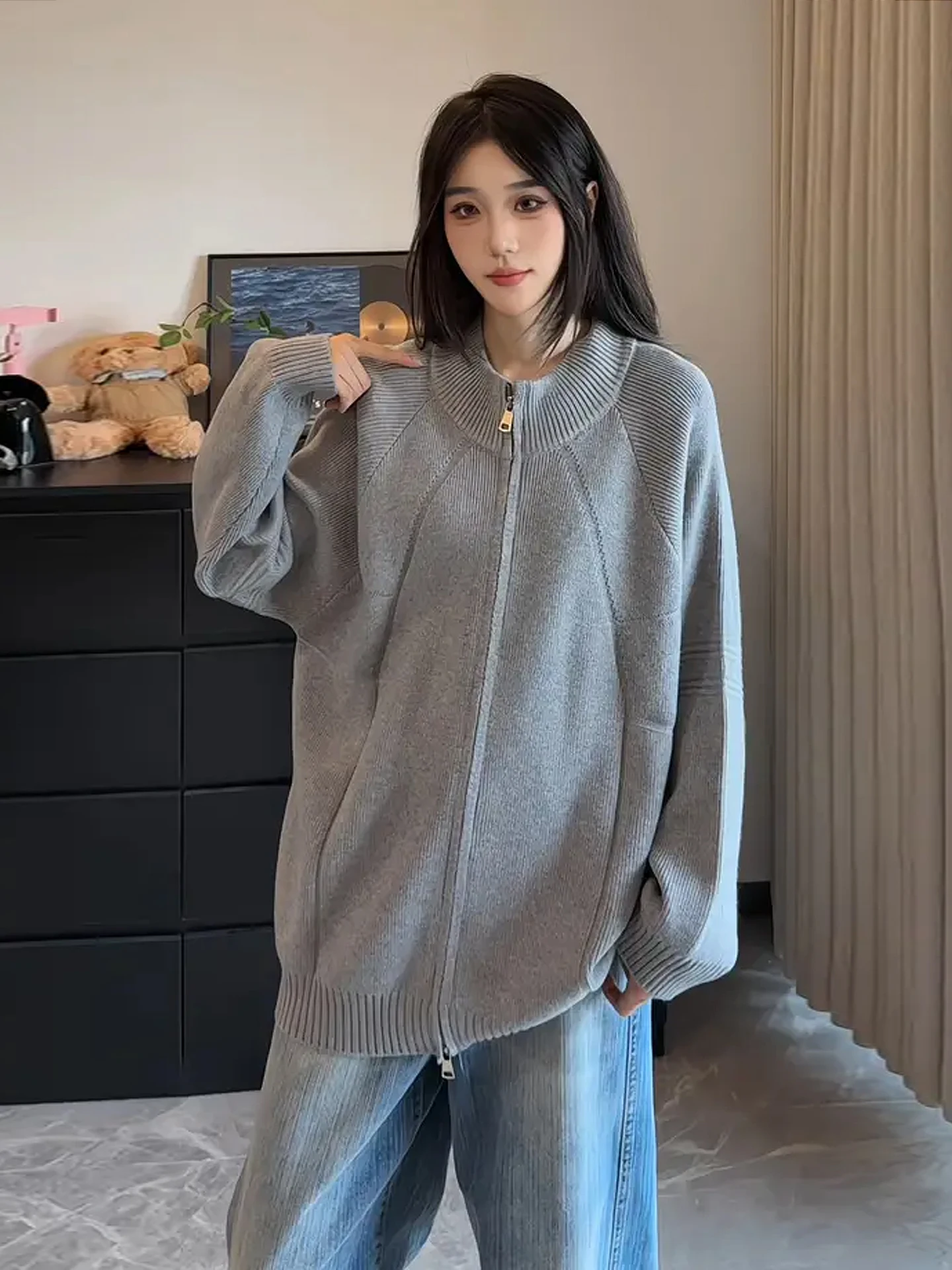 

Мужской серый кардиган на молнии, осенний, в расслабленном стиле, с воротником-стойкой, плотной вязки, Cleanfit, американский кэжуал