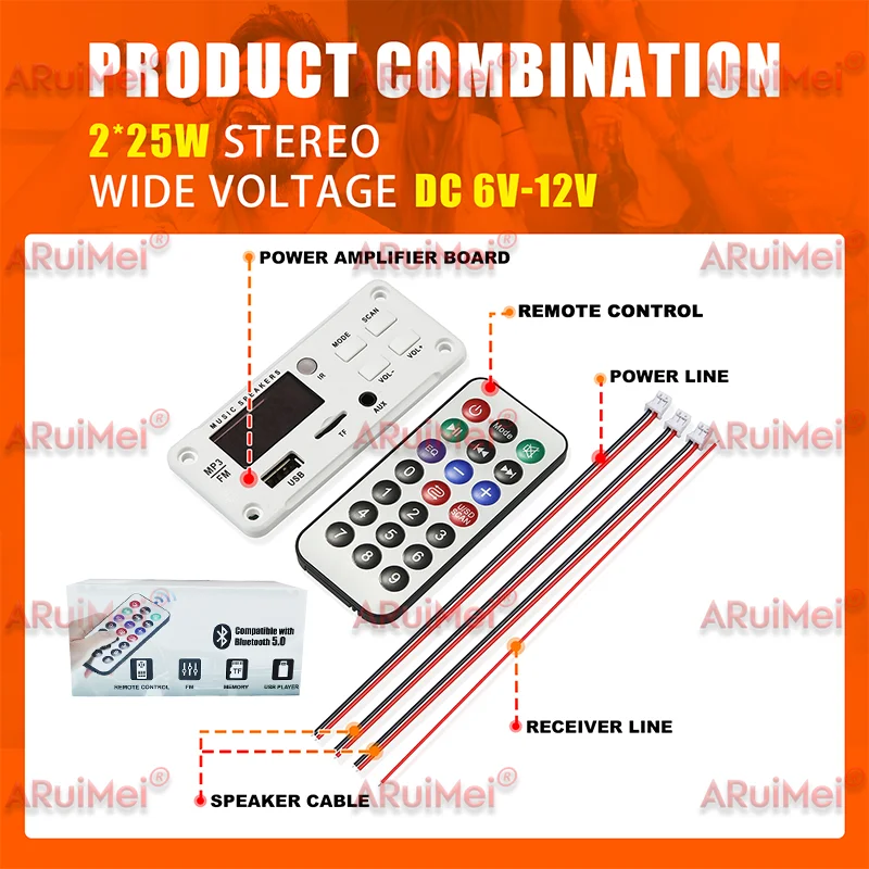 50W Amplifier Bluetooth MP3 WMA WAV Decoder Board 12V Handsfree Call USB TF FM Car Audio Music Player Speaker Volume Control