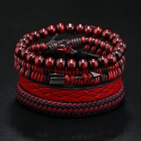 Fashion Vintage Men's Leather Bracelet Cupid's Arrow Wooden Beaded Leather Hand Woven Retro Fashion Bracelets For Men