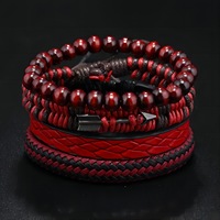 Fashion Vintage Men's Leather Bracelet Cupid's Arrow Wooden Beaded Leather Hand Woven Retro Fashion Bracelets For Men