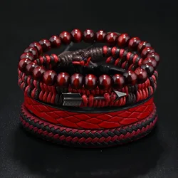 Fashion Vintage Men's Leather Bracelet Cupid's Arrow Wooden Beaded Leather Hand Woven Retro Fashion Bracelets For Men