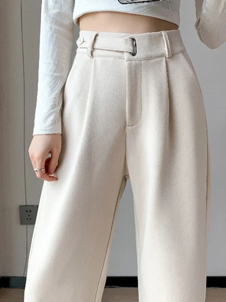 Winter Thick Loose Casual Female Wide Leg Pants Pure Color Chic Buttons Straight Slim Fashion Women Pants Black Apricot  XJ116