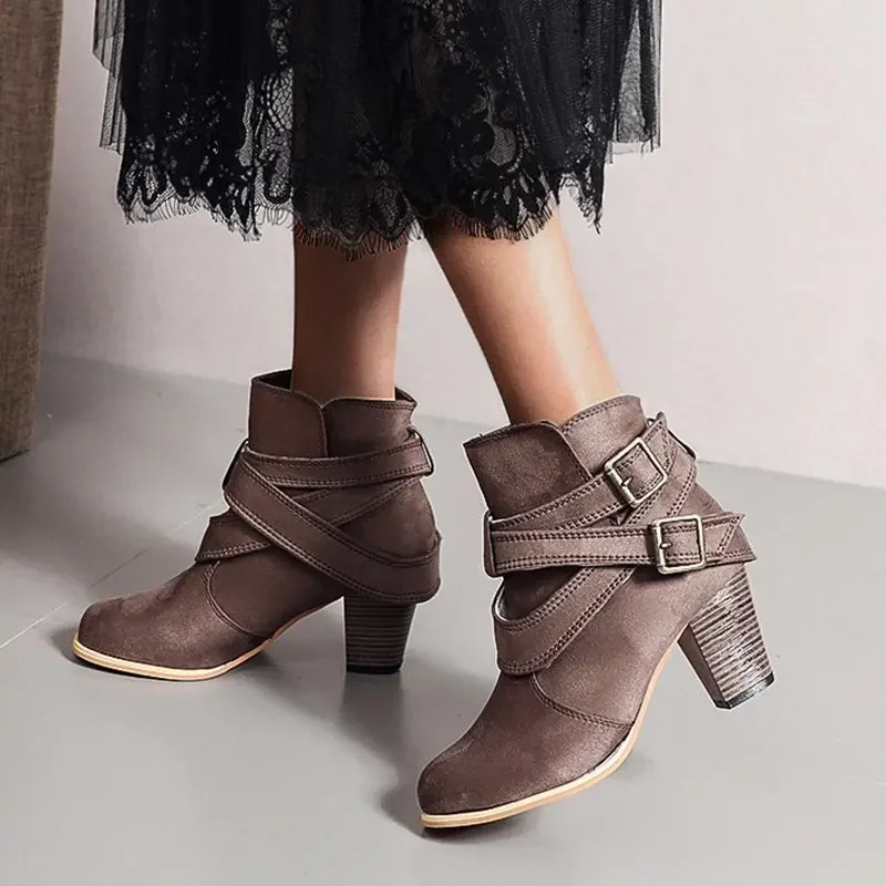 Vintage Women Ankle Boots Chunky High Heels Boots Buckle Rubber Casual Ladies Shoes Female Chelsea Short Boots Shoes Large Size