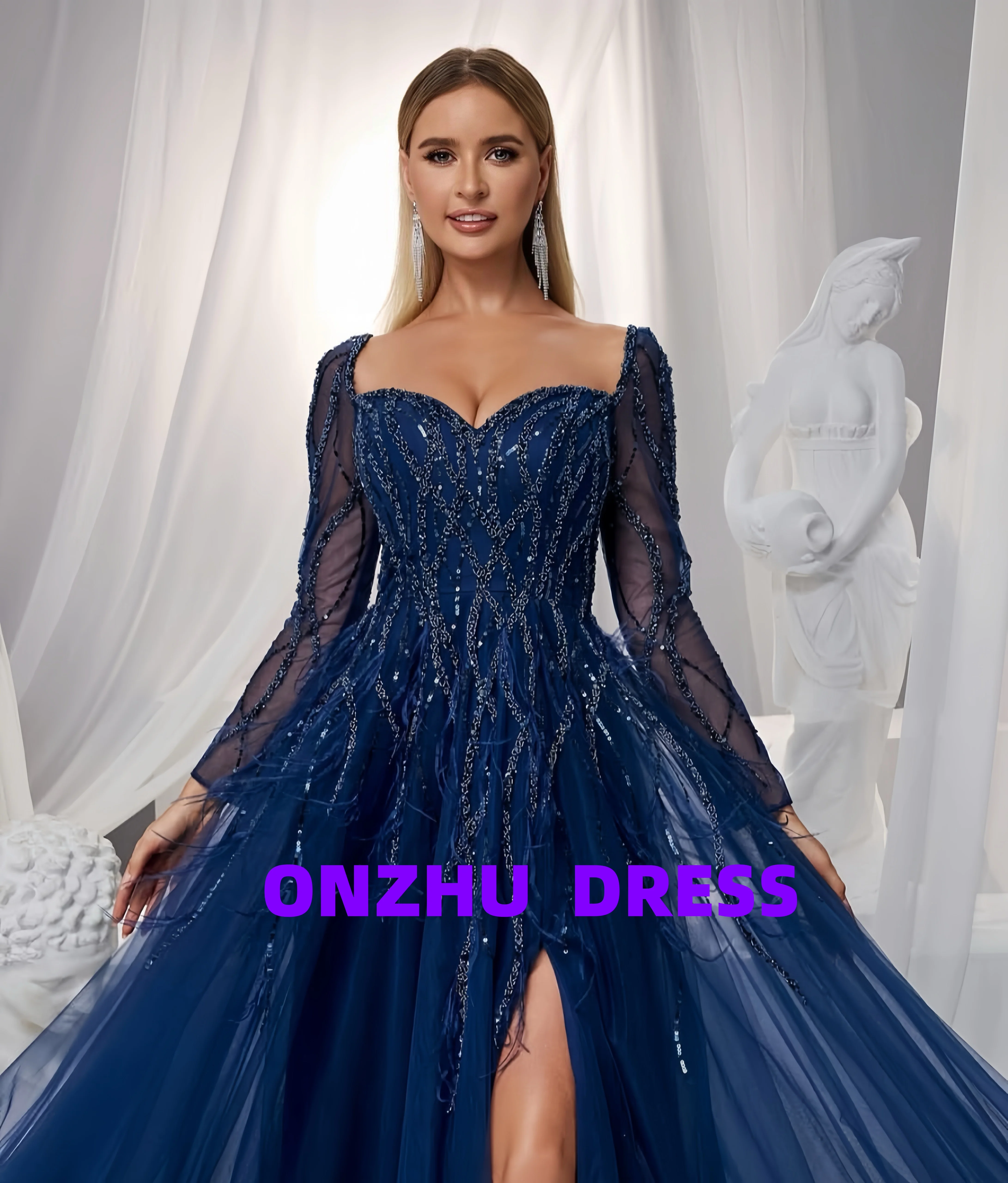 Aangepaste Zoete kraag lange mouwen A-LIJN elegante avondjurken luxe robes de soiree vestidos de gala vestidos de gala Par