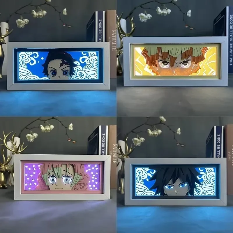 

Demon Slayer Anime Paper Carving Lamp Tanjirou Giyuu Inosuke Nezuko Paper Cut Shadow Box Bedroom Decoration Led Light Toy Gifts