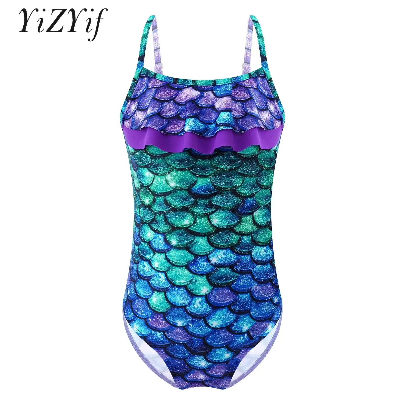

Kids Girls Swimsuit Swimwear Adjustable Straps Ruffle Hem One Piece Bathing Suit Colorful Printing Cut Out Open Back Bodysuit