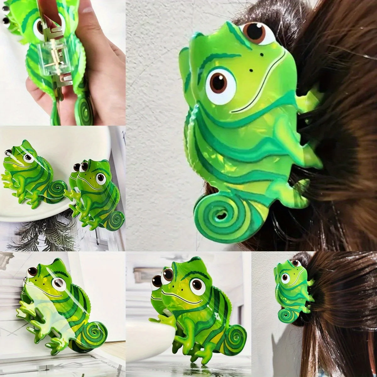 

Kawaii 3D Chameleon Hair Clip with Cartoon Expression Back of Head Eye-Catching Accessory for School Campus Fun Style