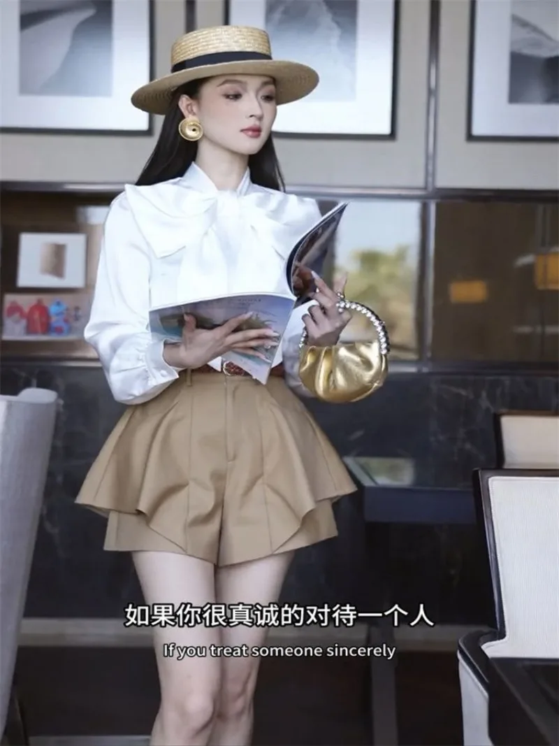 

New High End French Autumn Women's Two Piece Set Elegant Long Sleeve Fashion Lace-up Bow White Shirt + High Waist Shorts Suit