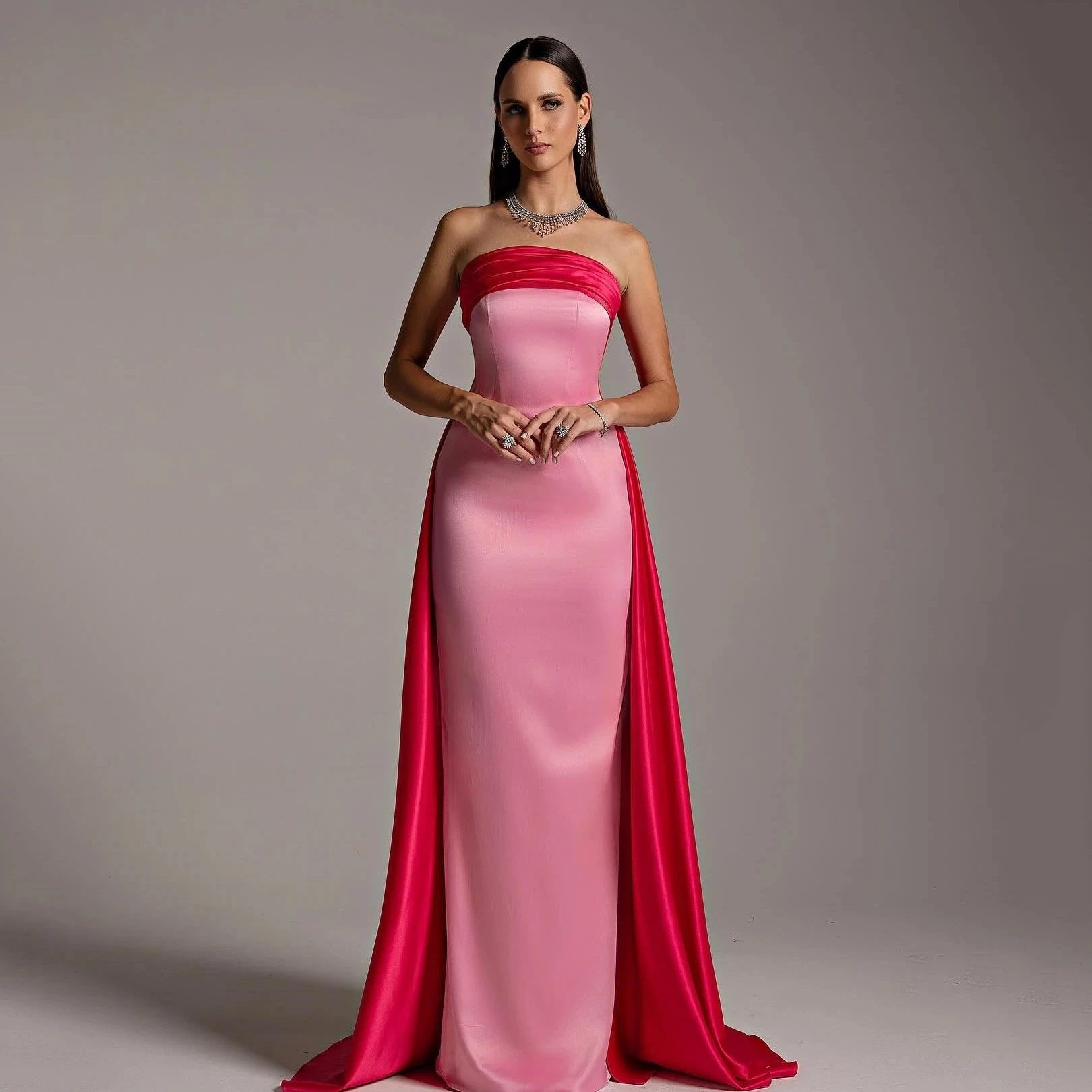 Customized Strapless Two Tone Satin Mermaid Wedding Gown with Ruched Bodice Detachable Cape Sweep Train for Bridal 2026