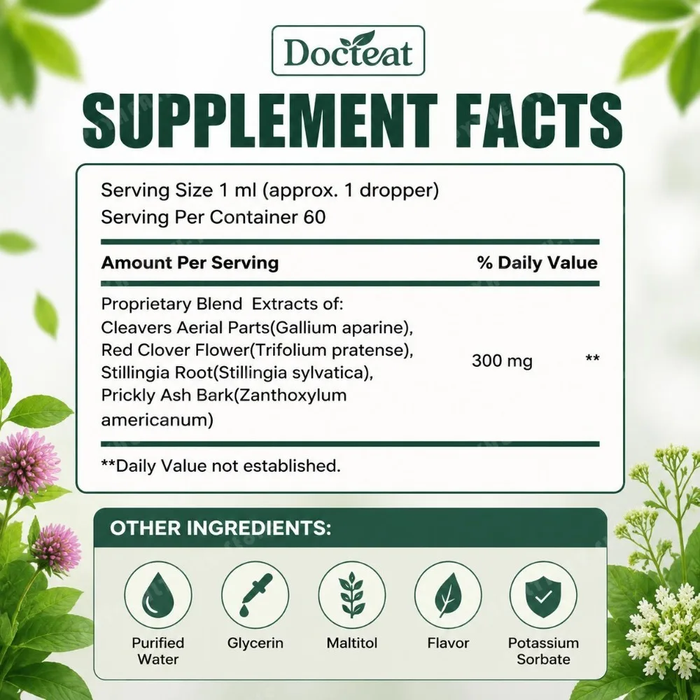 Docteat Lymphatic Drainage Liquid Herbal Extract, 300mg Cleavers & Red Clover Blend, Lymph Flow & Immune Support, Vegan, 60ml