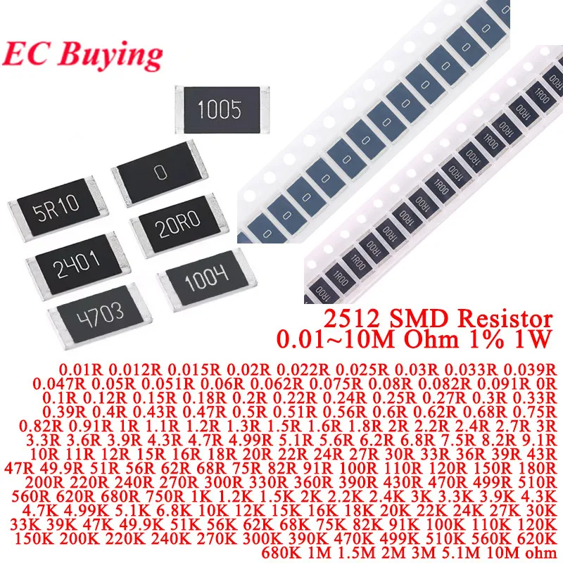 50 sztuk/partia rezystorów SMD 2512 ze stopu, 1W, 1%, 0,01~100M, 0 0,1 3,3 5,6 12 30 36 47 51 82 100 680 750 1K 2K 6,8K 10K 20K 22K 200K 1M om