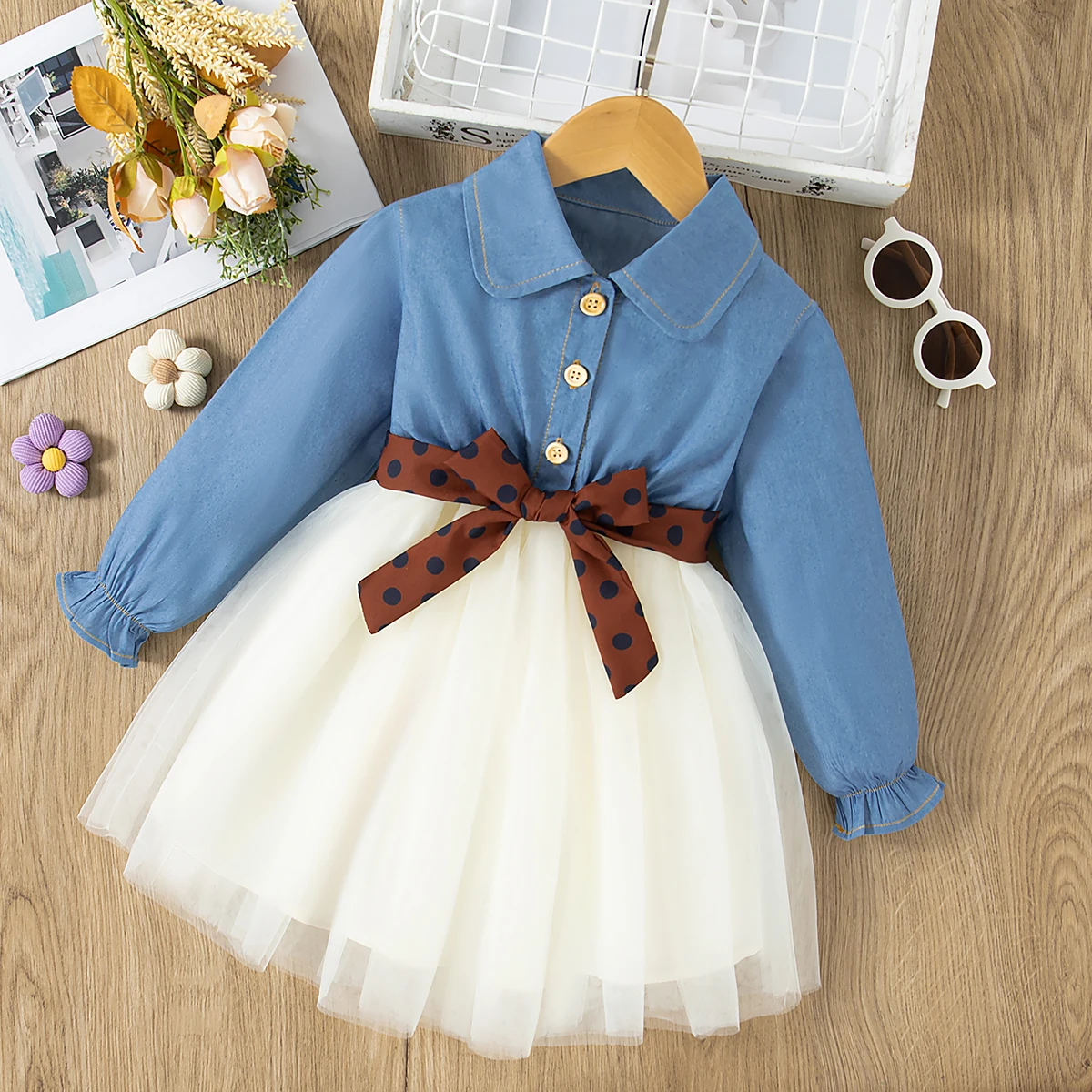 Girls Dresses Spring And Autumn Bow Button V-neck Mesh Baby Girl Dress Sweet and Simple Baby Girl Clothing
