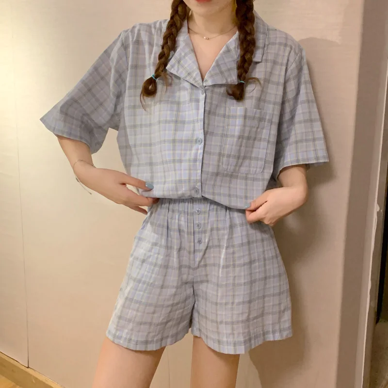 New Plaid Simple 100%Cotton Holiday Stripe Short Sleeve Half Pants Summer Pajama Set Women Vintage Loose Girlish Style Sleepwear