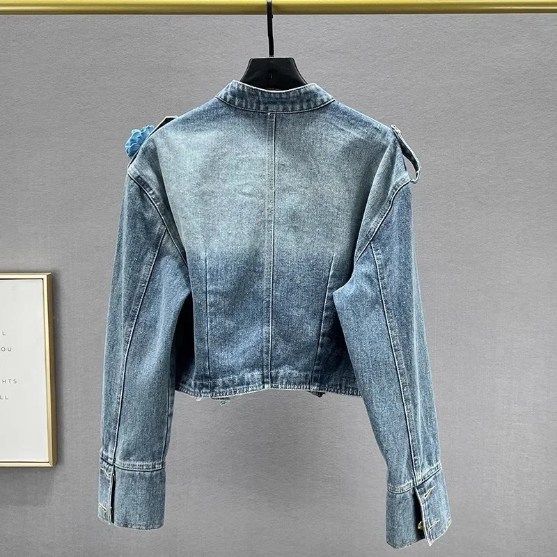 2025 ฤดูใบไม้ผลิฤดูใบไม้ร่วงแฟชั่นดอกไม้ตกแต่งสั้น DENIM แจ็คเก็ตผู้หญิงเสื้อสีฟ้าคอยาวแขนยาวกางเกงยีนส์ Streetwear