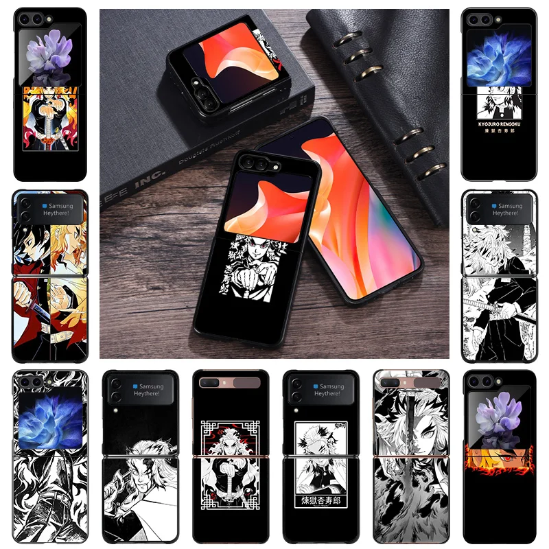 Hard Phone Cases For Samsung Z Flip 6 5 4 3 Galaxy Flip6 Flip5 Flip4 Flip3 Rengoku Kyoujurou Demon Slayer PC Black Matte Cover