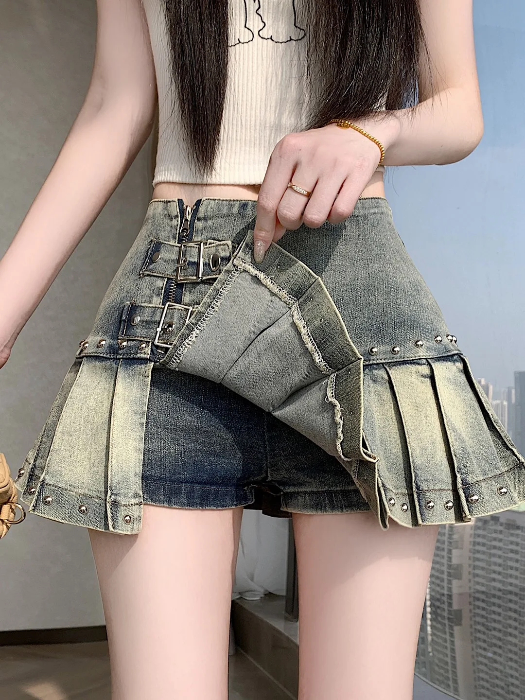 

Американская джинсовая юбка с высокой талией и плиссировкой, женская, летняя, новая модная, с защитой от просвечивания, омолаживающая, А-силуэт