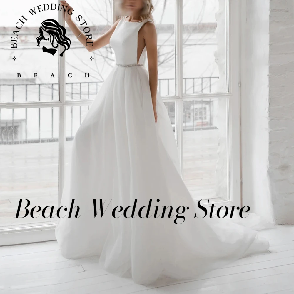 Beach Elegant Customized  Wedding Dress Square Neckline A-Line Satin Bridal Gown Sexy Backless Wedding Gowns with Beading Belt