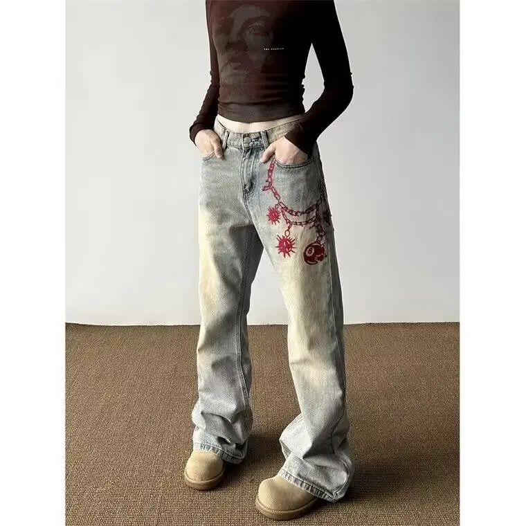 Chain embroidery pattern wide leg unisex jeans cool boys fashion bottoms loose denim trousers men's personality trend