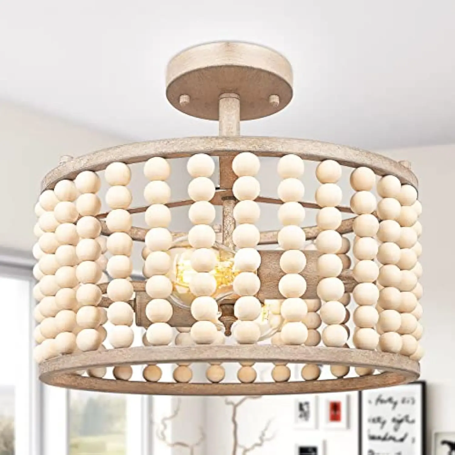 

Wood Beaded Boho Ceiling Light Fixture - Vintage Semi Flush Mount Chandelier, 2-Light Bohemian Beaded Nursery Light Fixture for