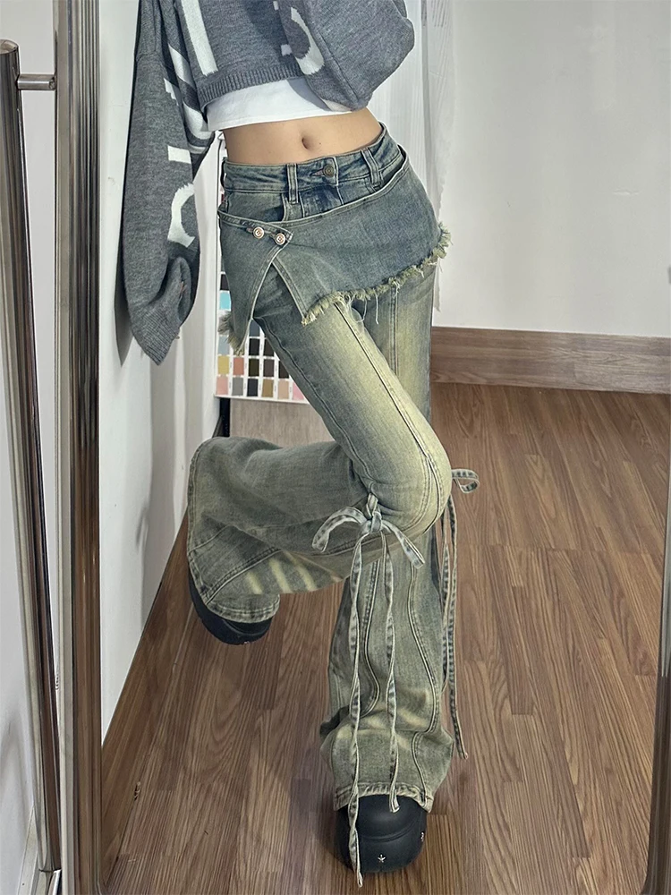 

Женские джинсы в американском ретро-стиле, облегающие, с высокой талией, с низким вырезом, расклешенные, длинные, модные, из потертого денима, прямого кроя