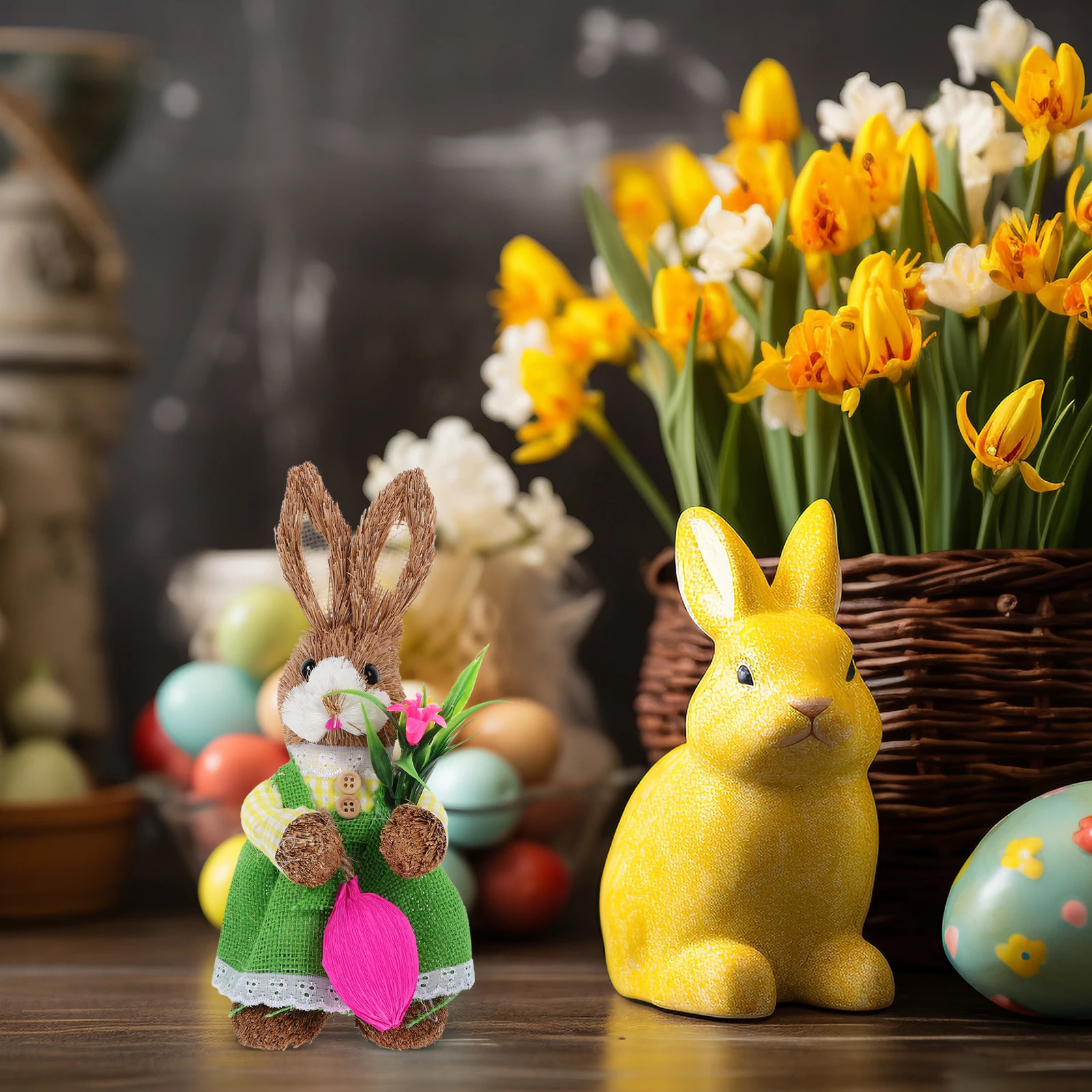 

Easter Straw Woven Rabbit Decoration 26CM Green Mini Bunny with Shovel for Home Party Desktop Bedside Kids Gift