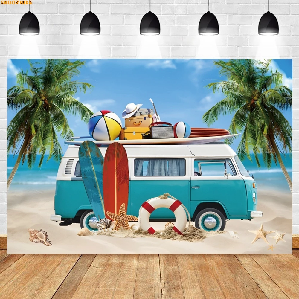 

Summer Surfboard Party Backdrop Tropical Hawaiian Beach Seaside Photography Background Birthday Baby Shower Banner Decoration