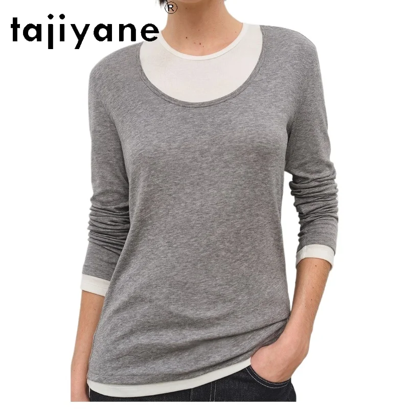 TAJIYANE Sheep Wool Lyocell Blend Women T Shirts O-Neck Basic Tops for Woman Mask Tee Shirt Femme Fake Two-Piece Pullover Tshirt