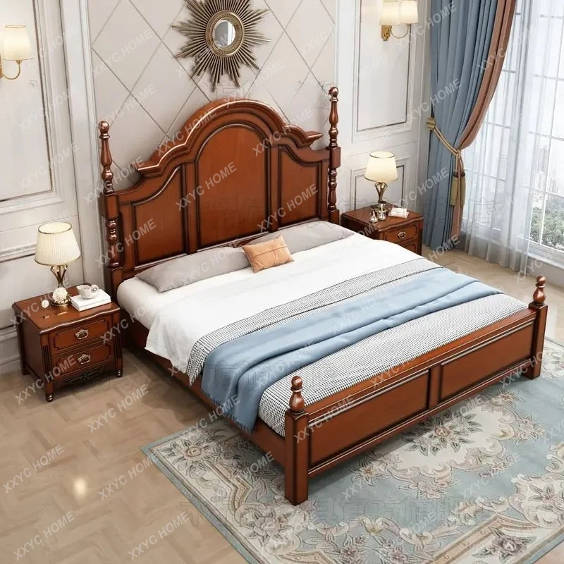 

Кровать для главной спальни GH, средневековая кровать из массива дерева, двуспальная кровать 1,8 метра, современная простая кровать 1,5 метра с высоким основанием и местом для хранения.