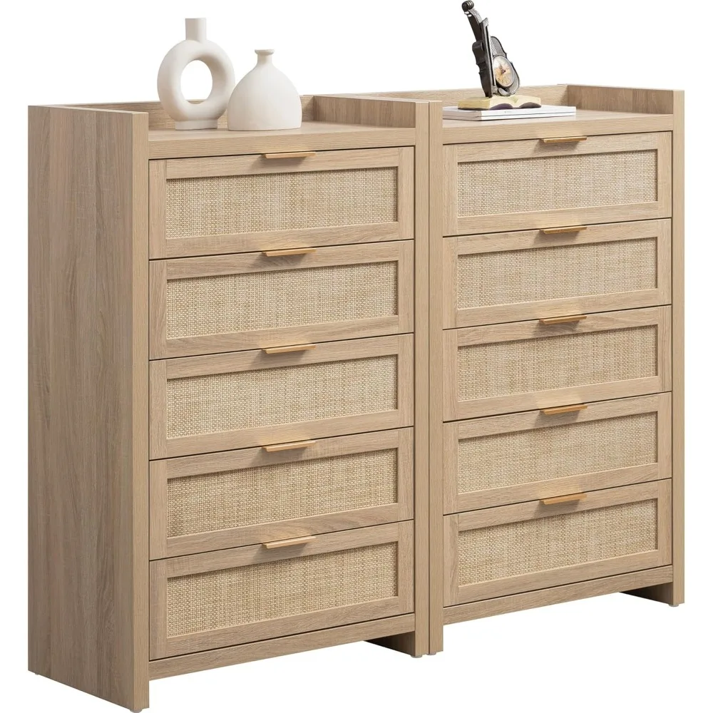 

"46-inch tall bedroom chest with 5 rattan drawers and boho style nightstands for large clothing storage"