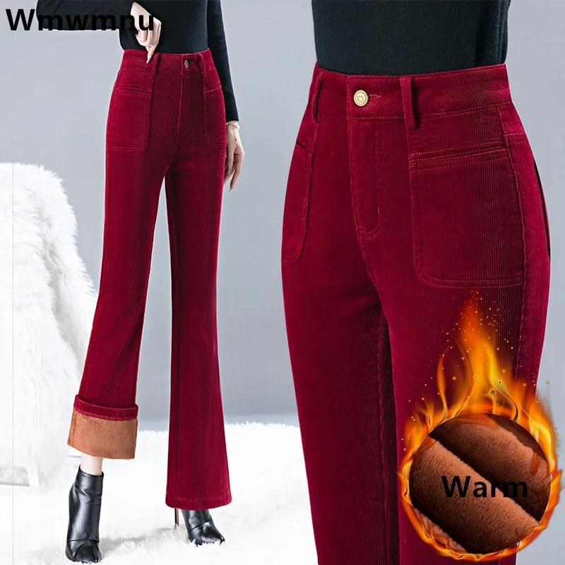 

Women Winter Flare Pants New High Waist Thicken Plush Velvet Lined Slim Pantalones Korean Warm Office Spodnie Corduroy Broek