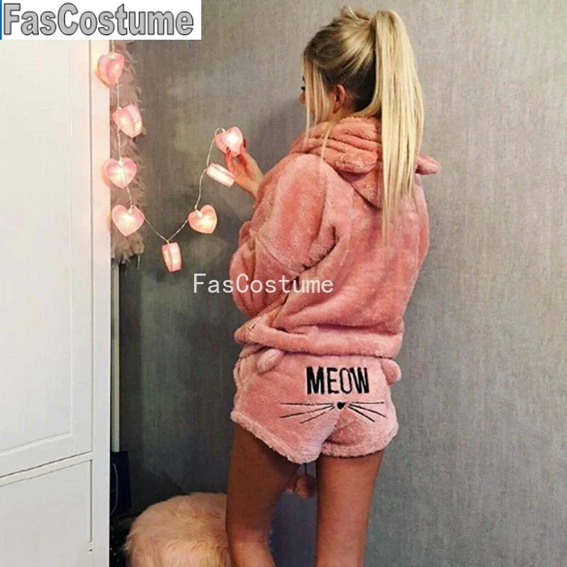 

FasCostume Women Coral Velvet Pajamas Set Autumn Winter Warm Pajamas Two Set Sleepwear Cute Cat Meow Pattern Hoodies Shorts Set